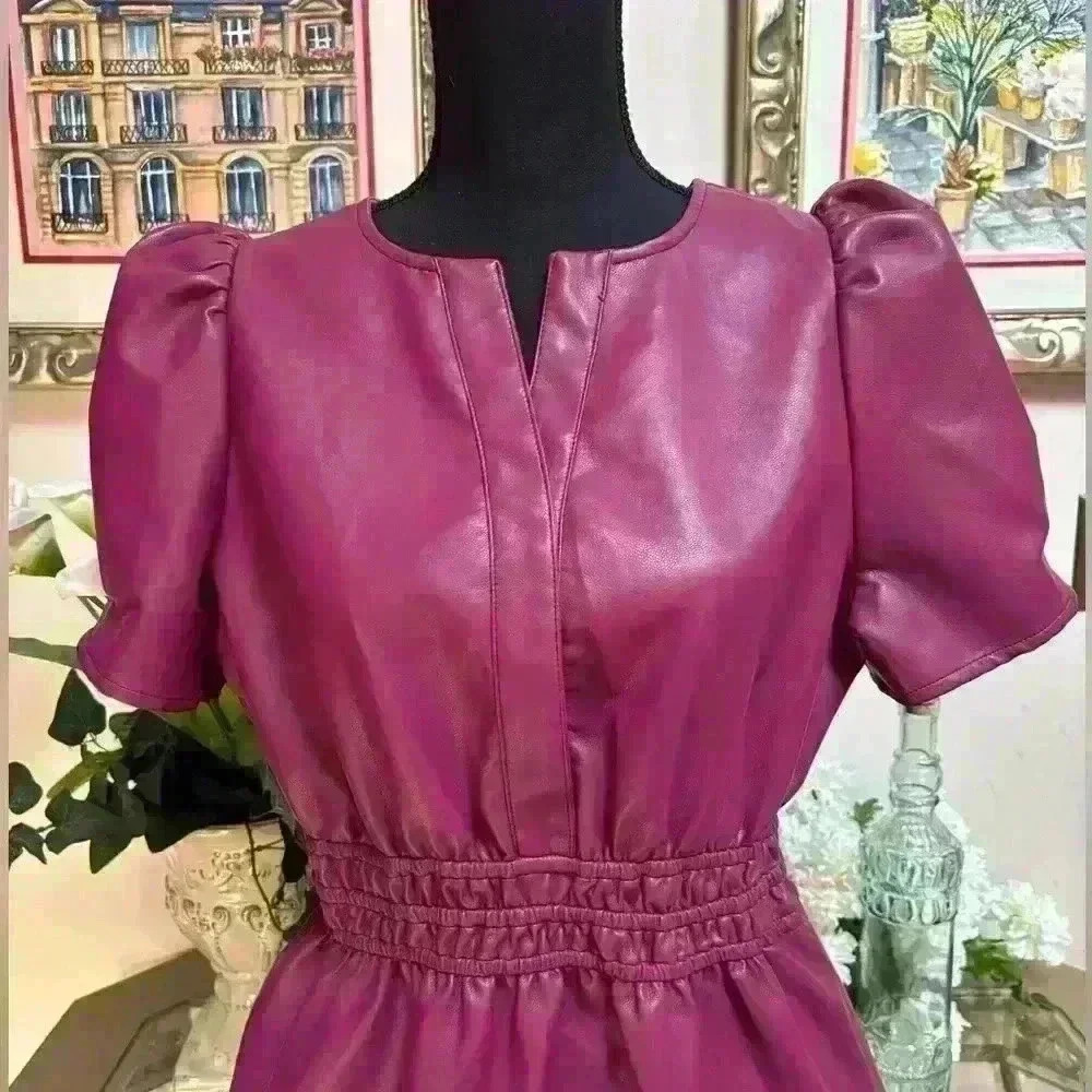 Women's Faux Leather Puff-Sleeve Dress — Bordeaux - Picture 2 of 13